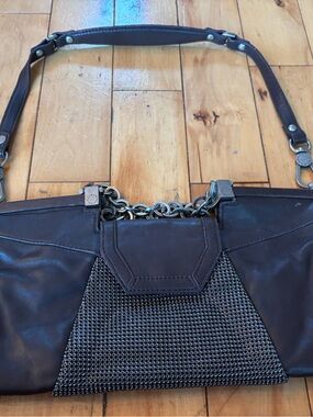 BCBGMaxAzria Dark Brown Leather Shoulder Bag with Chain Accent